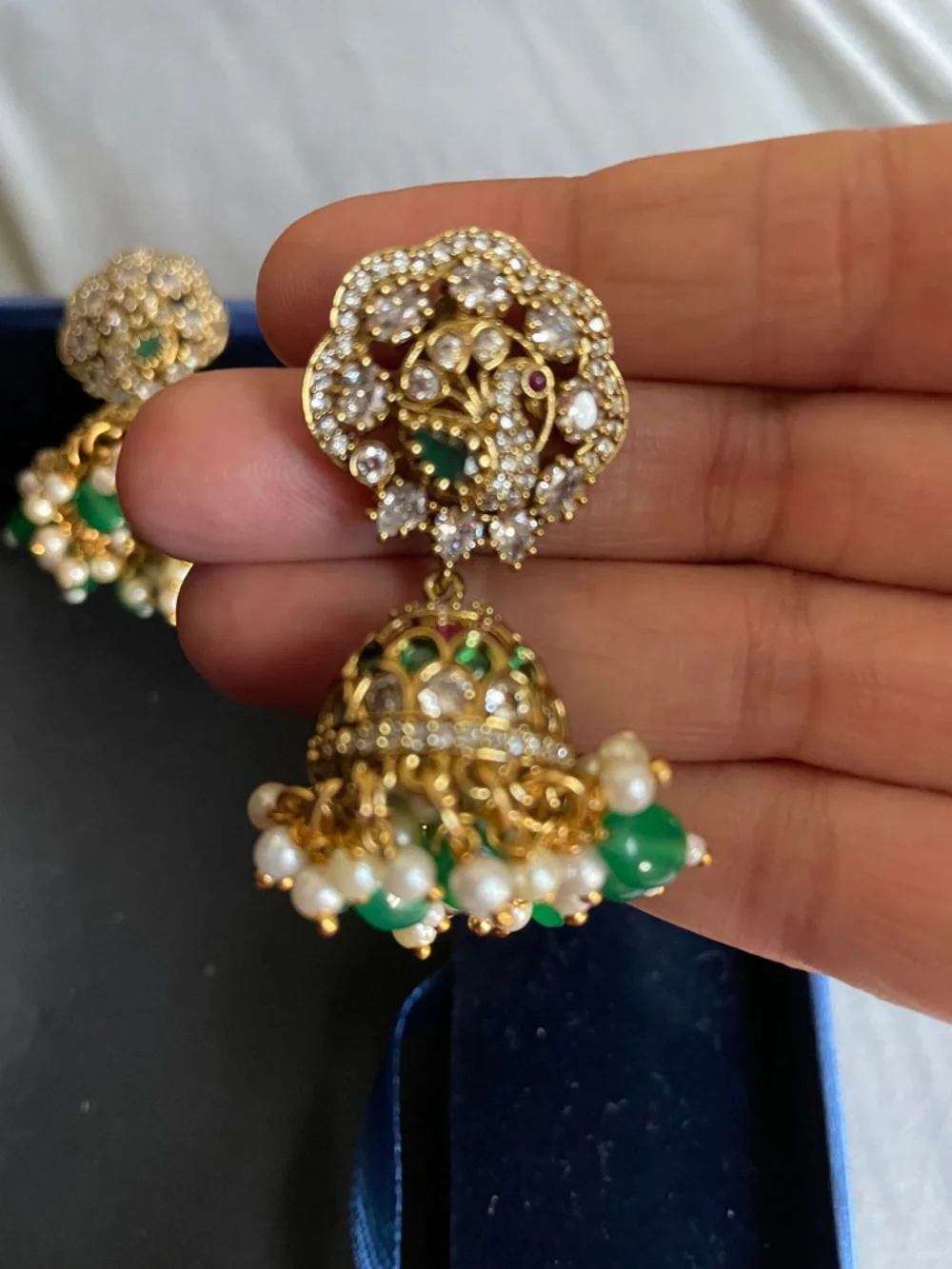 Gold-Tone Green and White Jhumka Earrings with Pearls